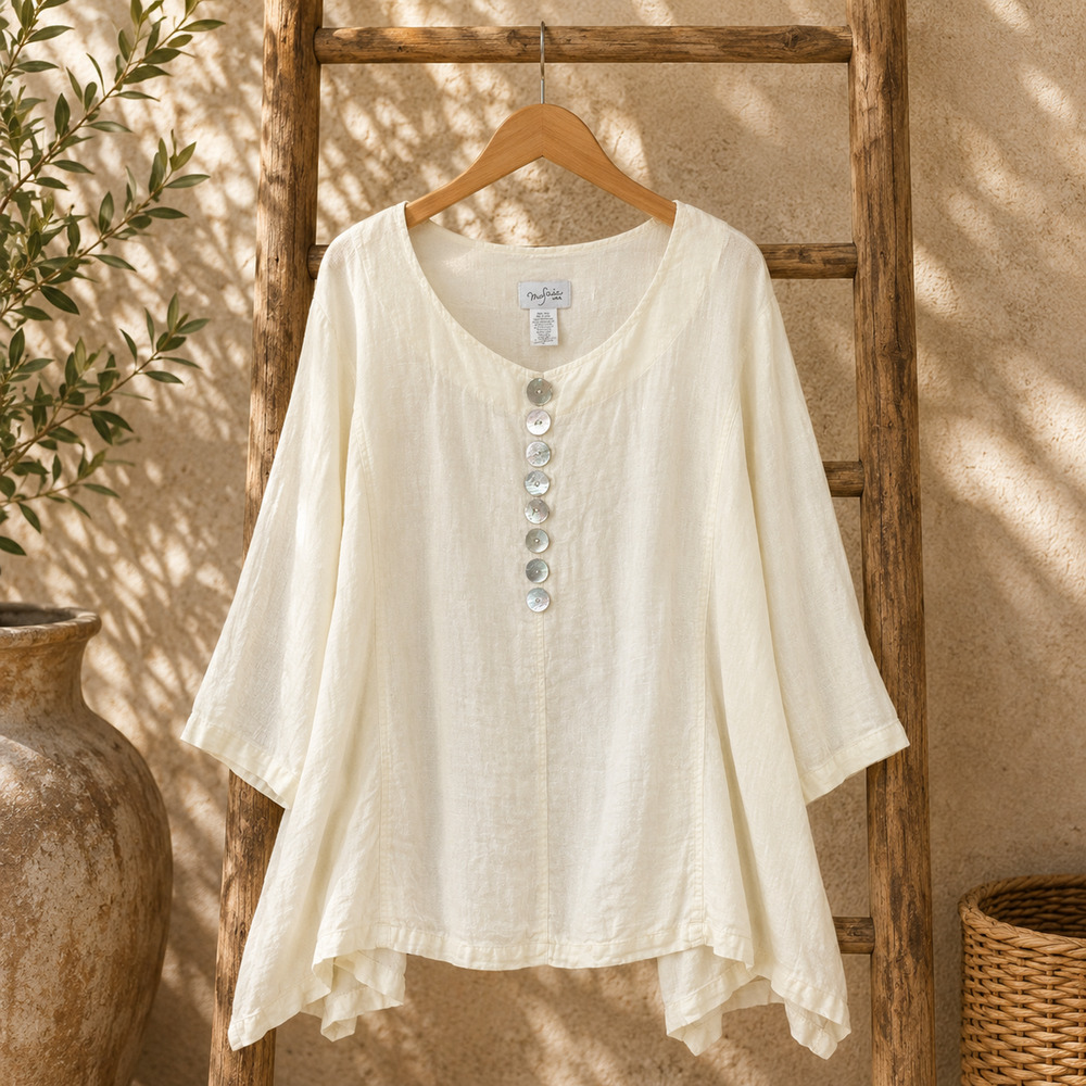 Mosaic USA XL 100% Linen Lagenlook Tunic Top White MOP Buttons Boho Artsy